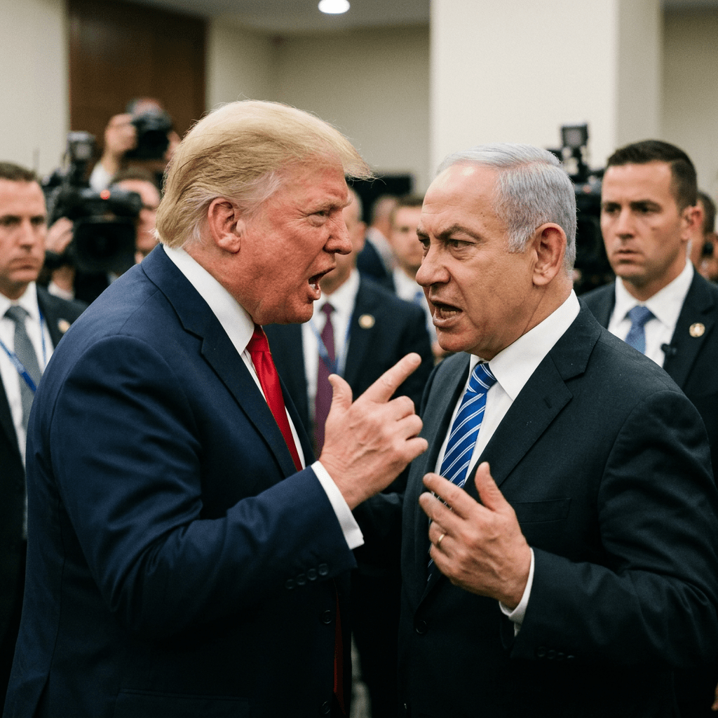 Donald Trump and Benjamin Netanyahu in a serious discussion surrounded by security and press