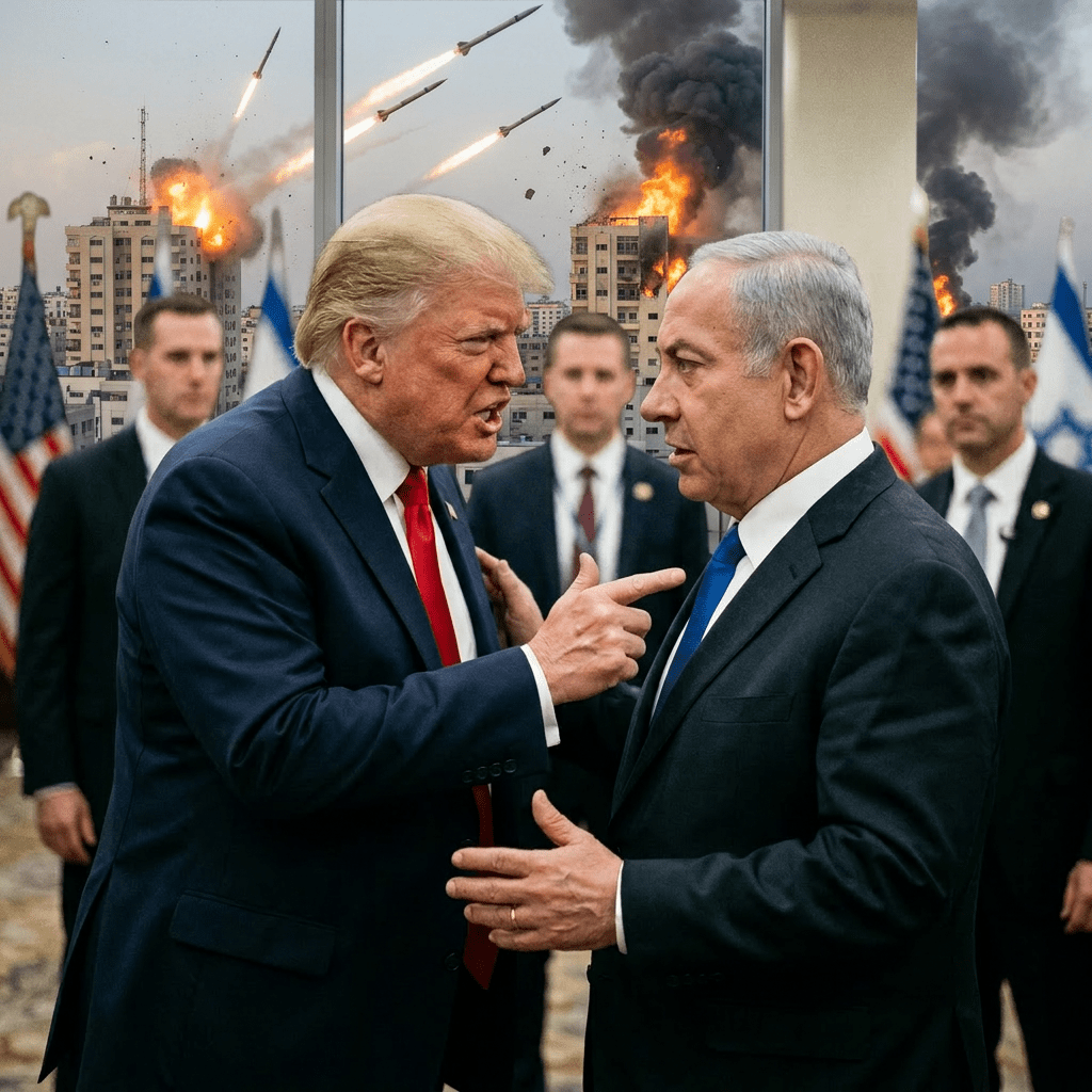 Two men in suits talking closely with serious expressions in a formal setting with flags behind them